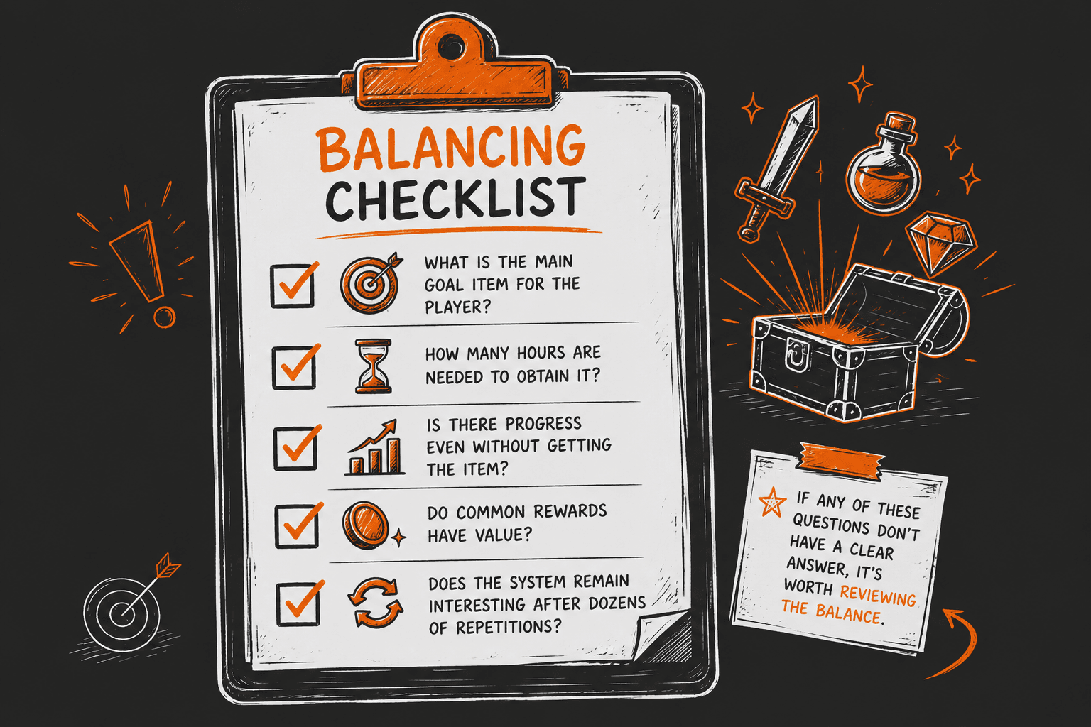 Loot table balance checklist illustration for reviewing reward systems before launch.