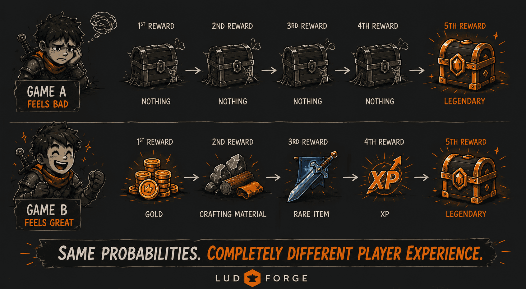 Reward probability illustration comparing identical drop rates with different player experiences.