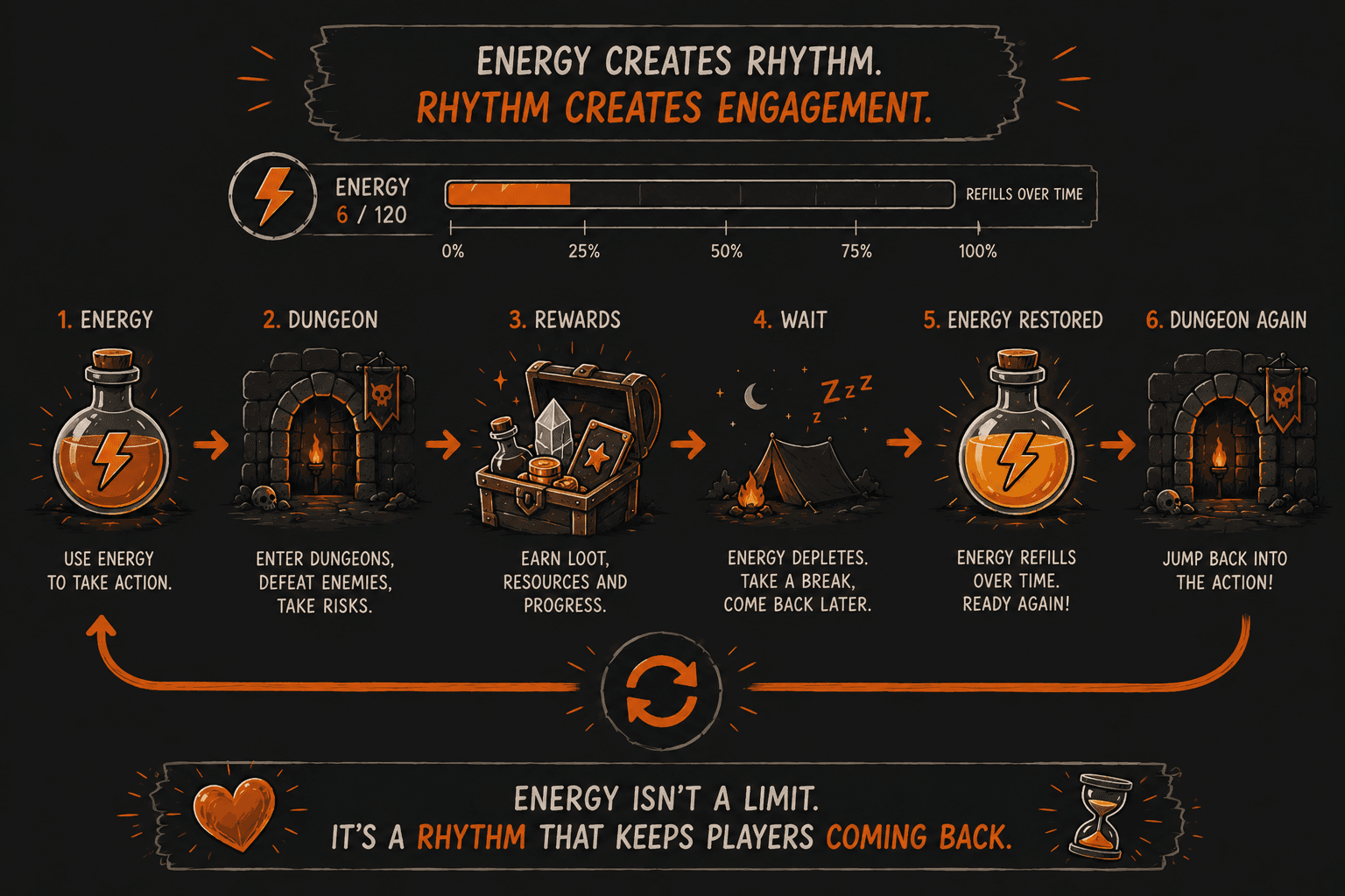 Energy reward timing illustration showing limited dungeon runs and regeneration pacing.