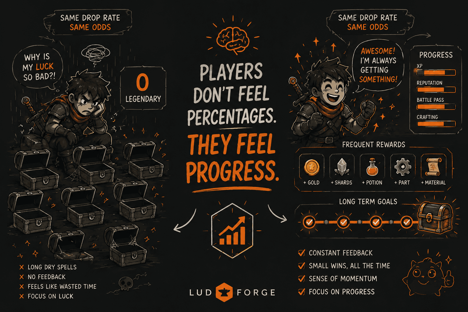 Reward system design illustration showing player perception, progression, and loot feedback.