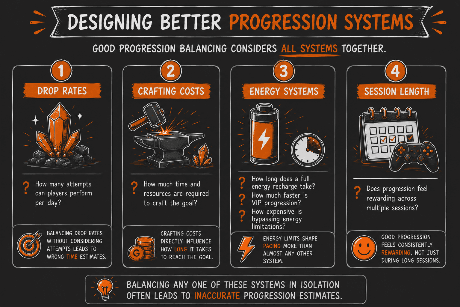 Progression systems illustration showing energy, rewards, crafting, and player goals balanced together.