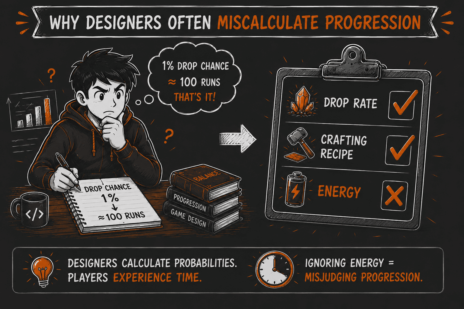 Progression miscalculation illustration comparing drop probability with actual time.