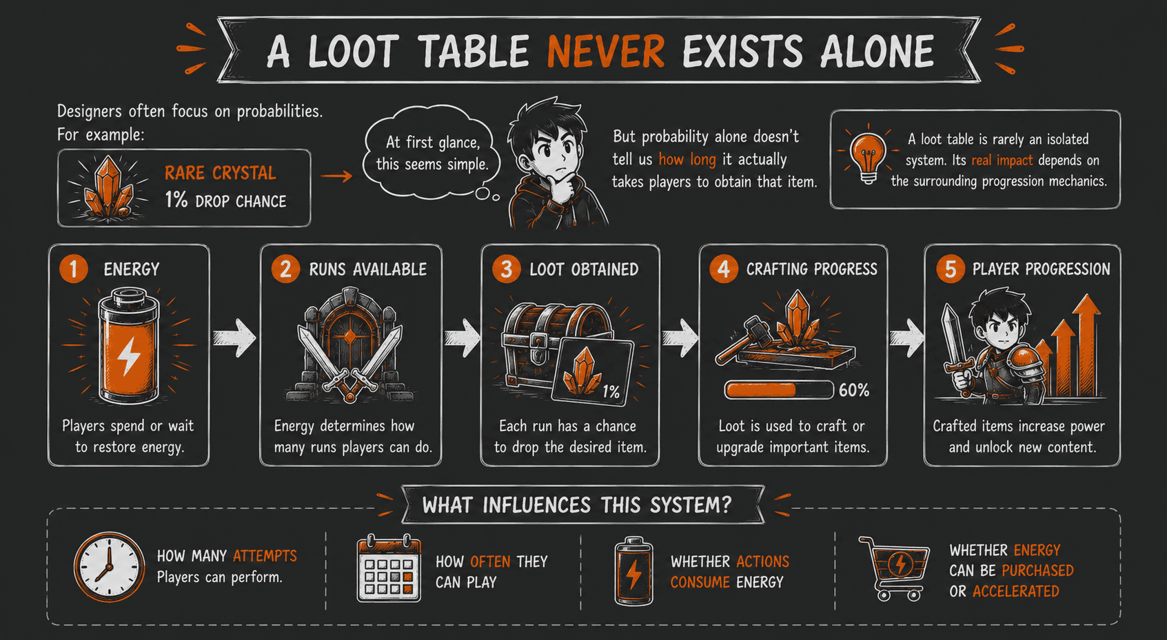 Loot table progression illustration showing energy, attempts, and play frequency around a reward.